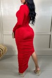 Red Sexy Casual Solid Hollowed Out Slit O Neck Long Sleeve Dresses