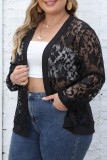 Black Sexy Casual Solid See-through Cardigan Plus Size Overcoat