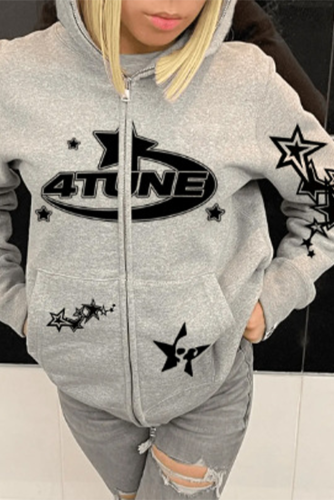 Light Gray Street Print Draw String Zipper Hooded Collar Tops