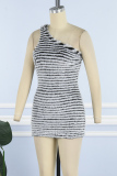 Black White Sexy Casual Striped Backless Oblique Collar Sleeveless Dress Dresses