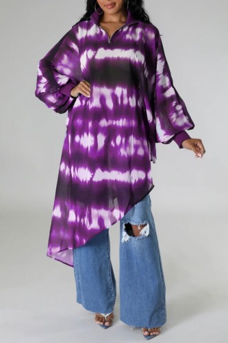 Purple Casual Print Tie Dye Asymmetrical Zipper Collar Tops