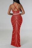 Rose Red Sexy Patchwork Hot Drilling Backless Spaghetti Strap Long Dress Dresses