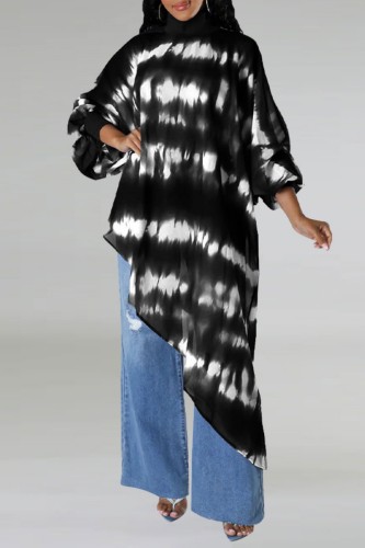 Black Casual Print Tie Dye Asymmetrical Zipper Collar Tops