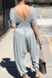 Blue Casual Solid Patchwork Draw String V Neck Loose Jumpsuits