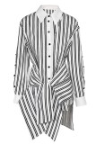 Black And White Casual Striped Print Hollowed Out Patchwork POLO collar Shirt Dress Dresses