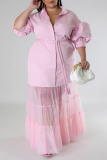 Pink Casual Solid Patchwork Shirt Collar Long Dress Plus Size Dresses