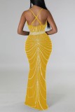 Yellow Sexy Patchwork Hot Drilling Backless Spaghetti Strap Long Dress Dresses