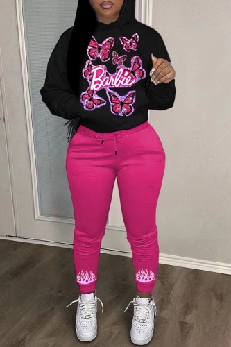 Rose Red Casual Letter Butterfly Print Basic Hooded Collar Long Sleeve Two Pieces