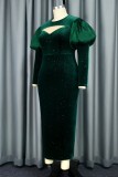 Green Casual Solid Hollowed Out Slit O Neck One Step Skirt Dresses