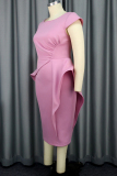 Pink Casual Solid Patchwork Slit O Neck Short Sleeve Dress Dresses