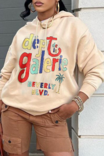 Khaki Street Print Draw String Hooded Collar Plus Size Tops