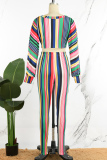 Green Casual Striped Patchwork O Neck Long Sleeve Two Pieces