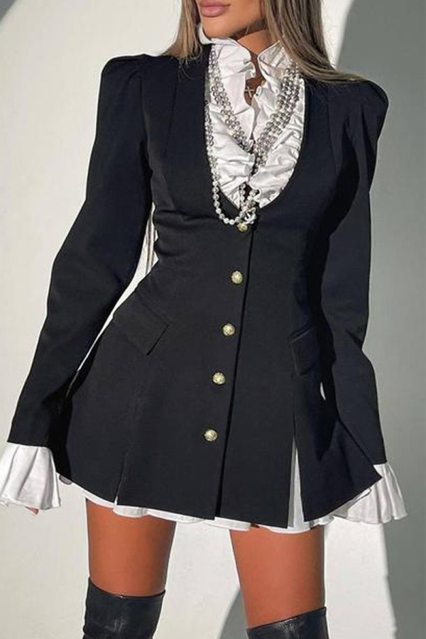 Black Elegant Solid Patchwork Asymmetrical Collar A Line Dresses
