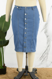 Light Blue Casual Solid Patchwork Buttons Plus Size High Waist Denim Skirt