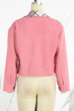 Pink Elegant Plaid Patchwork Buckle Turndown Collar Outerwear