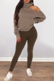 Coffee Casual Solid Hollowed Out Turtleneck Plus Size Tops