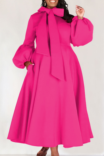 Rose Red Casual Solid With Bow Half A Turtleneck Long Sleeve Dresses