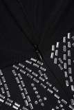 Black Elegant Solid Patchwork Mesh Hot Drill Zipper Spaghetti Strap One Step Skirt Dresses