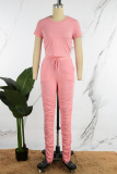 Pink Casual Solid Fold O Neck Short Sleeve Two Pieces