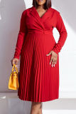 Red Casual Solid Patchwork Pleated Shirt Collar Long Sleeve Dresses