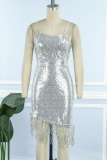 Silver Sexy Patchwork Tassel Sequins Backless Spaghetti Strap Sleeveless Dress Dresses