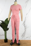 Pink Casual Solid Fold O Neck Short Sleeve Two Pieces