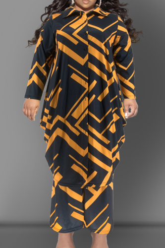 Tangerine Red Casual Print Patchwork Buckle Turndown Collar Plus Size Two Pieces
