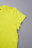 Yellow Casual Solid Fold O Neck Short Sleeve Two Pieces