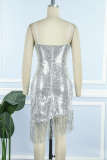 Silver Sexy Patchwork Tassel Sequins Backless Spaghetti Strap Sleeveless Dress Dresses