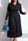 Black Casual Solid Patchwork Pleated Shirt Collar Long Sleeve Dresses