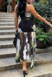 Black Sexy Casual Print Backless Strapless Wrapped Skirt Dresses