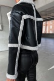 Black Casual Patchwork Cardigan Contrast Turndown Collar Outerwear