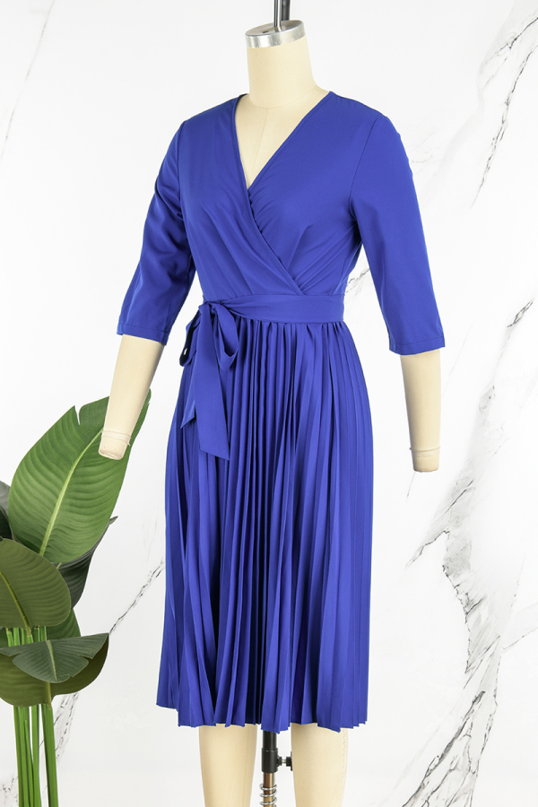 Elegant Pleated Crewneck Elasticized Pink Long Dress