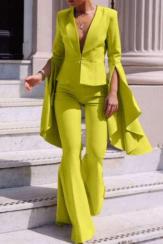 Yellow Casual Solid Patchwork V Neck Long Sleeve Two Pieces