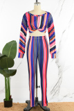 Blue Casual Striped Patchwork O Neck Long Sleeve Two Pieces