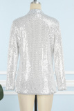 Silver Celebrities Solid Sequins Patchwork Turn-back Collar Outerwear