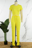 Yellow Casual Solid Fold O Neck Short Sleeve Two Pieces
