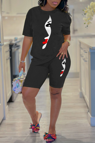 Black White Red Casual Print Basic O Neck Short Sleeve Two Pieces