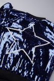 Blue Casual Letter Sequins Patchwork Zipper Collar Outerwear