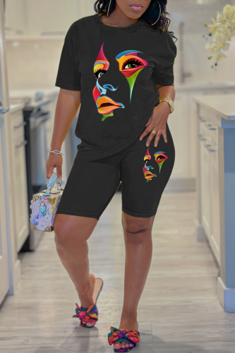 Black Casual Print Basic O Neck Short Sleeve Two Pieces