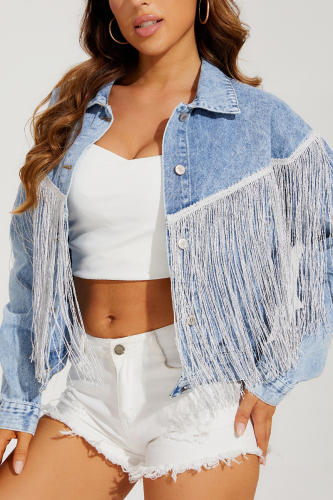 Blue Casual Solid Tassel Patchwork Turndown Collar Long Sleeve Loose Denim Jacket