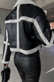 Black Casual Patchwork Cardigan Contrast Turndown Collar Outerwear