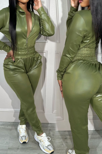 Green Street Solid Patchwork Pocket Zipper Turndown Collar Long Sleeve Two Pieces