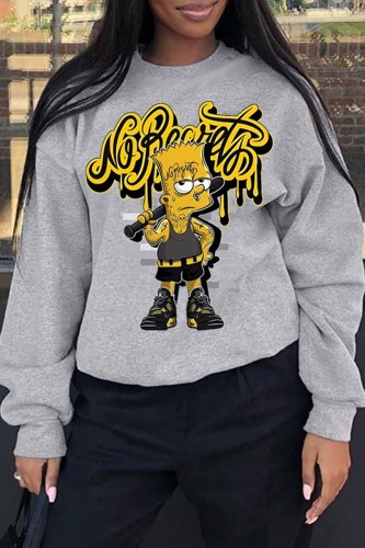 Grey Casual Character Print Letter O Neck Tops
