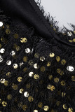 Black Casual Patchwork Sequins V Neck Long Sleeve Plus Size Dresses