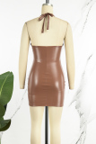 Brown Sexy Solid Bandage Backless Halter Sleeveless Dress Dresses