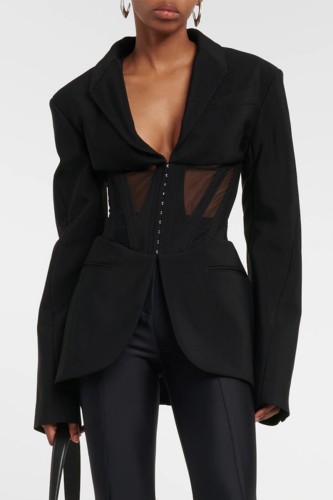 Black Casual Solid Patchwork See-through Turndown Collar Outerwear