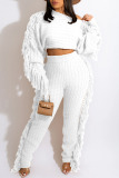 White Street Solid Tassel Patchwork O Neck Long Sleeve Two Pieces
