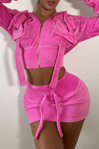 Rose Red Casual Solid Patchwork Zipper Hooded Collar Long Sleeve Two Pieces