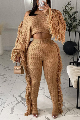 Apricot Street Solid Tassel Patchwork O Neck Long Sleeve Two Pieces